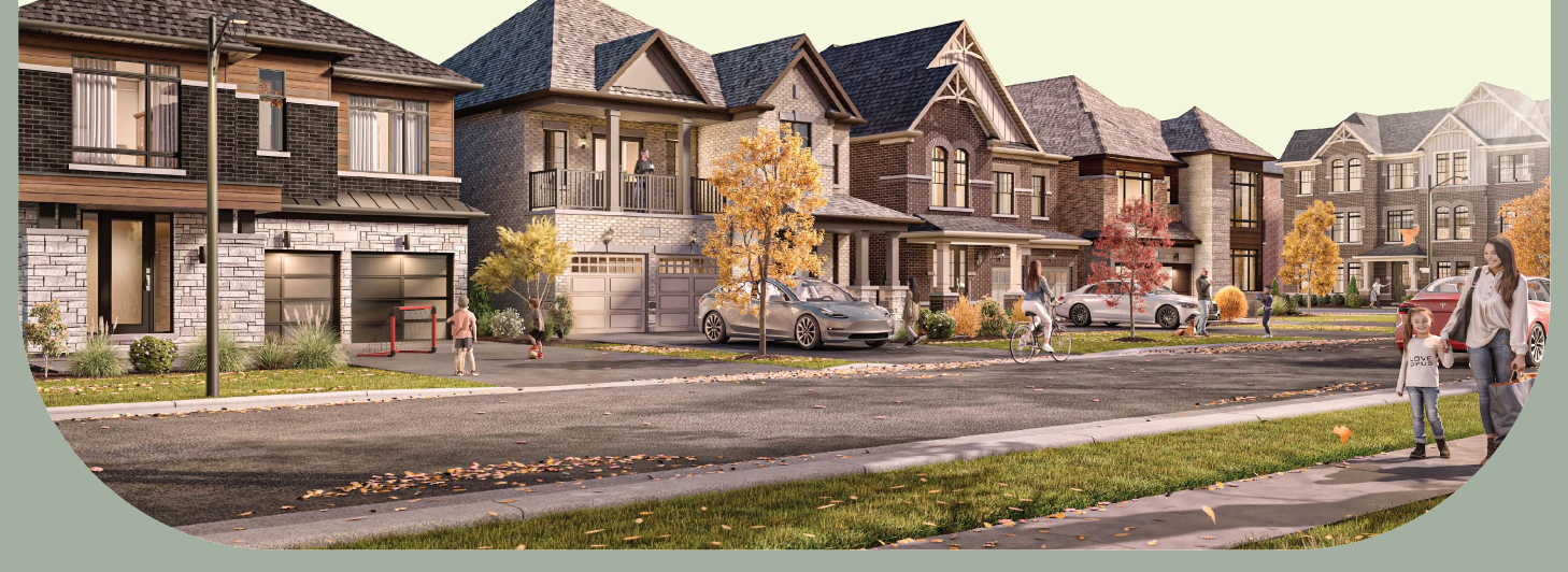 Rendering of a streetscape of new homes in an Opus Homes community