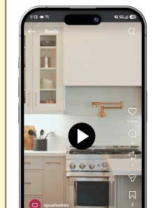 Instagram Reel play button over a kitchen video preview