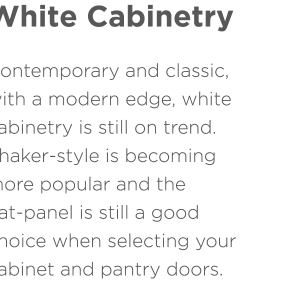 White Cabinetry Contemporary and classic, with a modern edge, white cabinetry is still on trend. Shaker-style is becoming more popular and the flat-panel is still a good choice when selecting your cabinet and pantry doors.