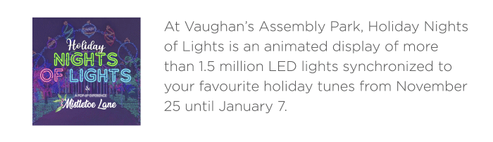 At Vaughan’s Assembly Park, Holiday Nights of Lights is an animated display of more than 1.5 million LED lights synchronized to your favourite holiday tunes from November 25 until January 7.
